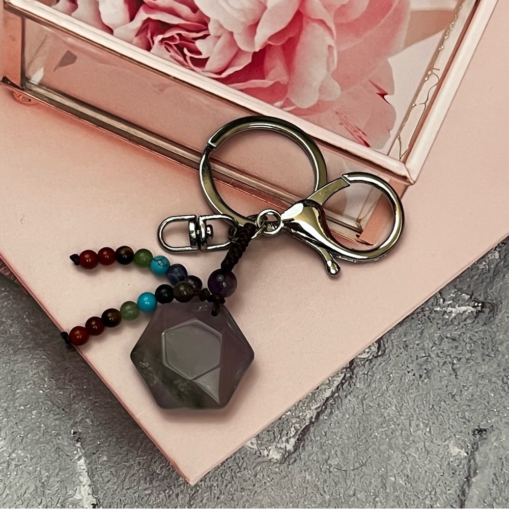 Natural Amethyst Hexagon Stone with Rainbow Chakra Keychain Charm - Picture 7 of 16